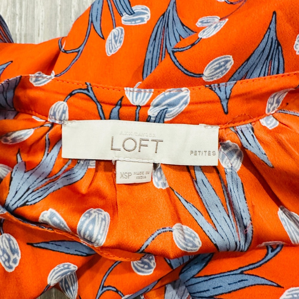 Loft Dress Petites XS Orange Floral Tulip Shirt Dress Long Sleeve Tie Waist XSP - Picture 4 of 16